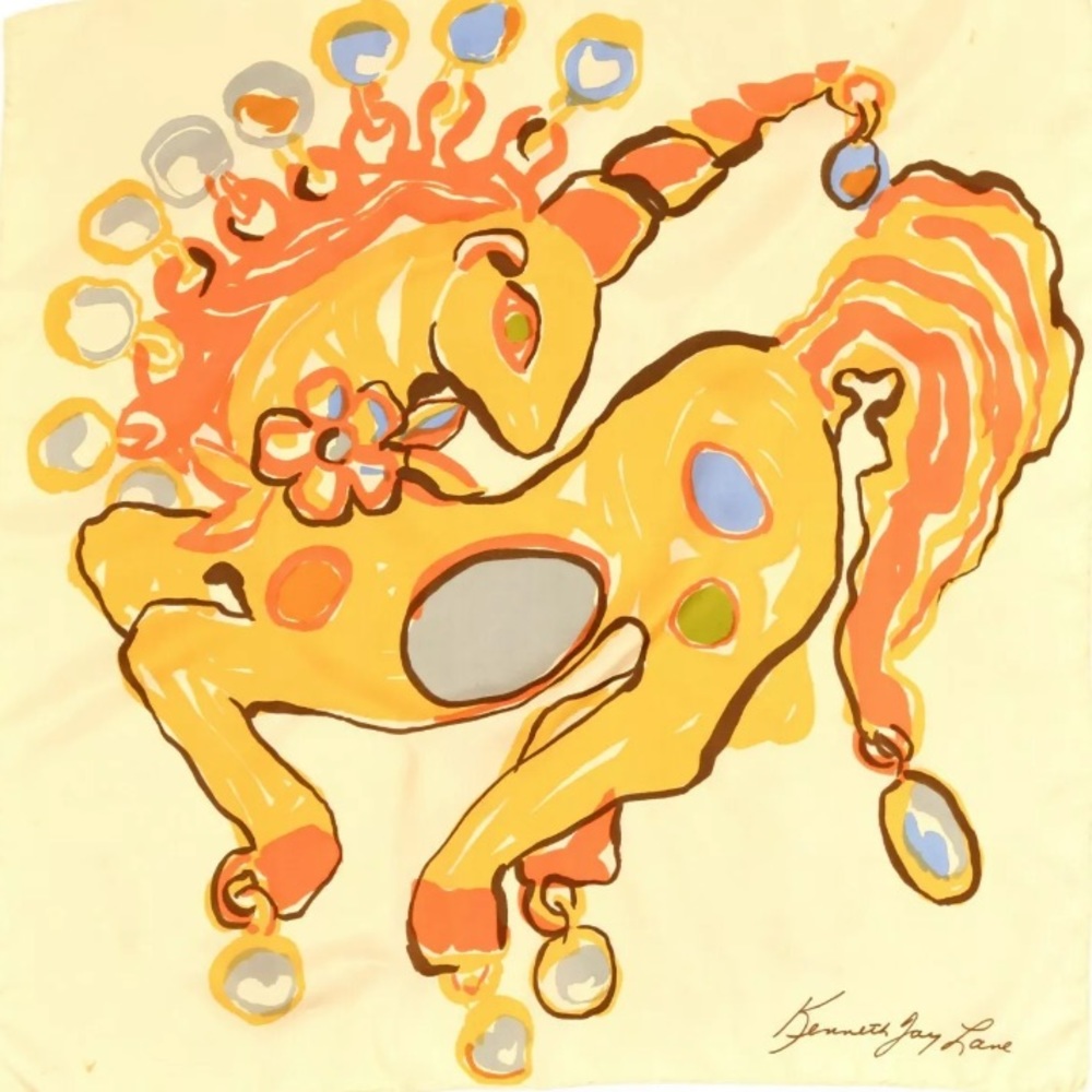 Vintage Kenneth Jay Lane Unicorn Silk Print Scarf